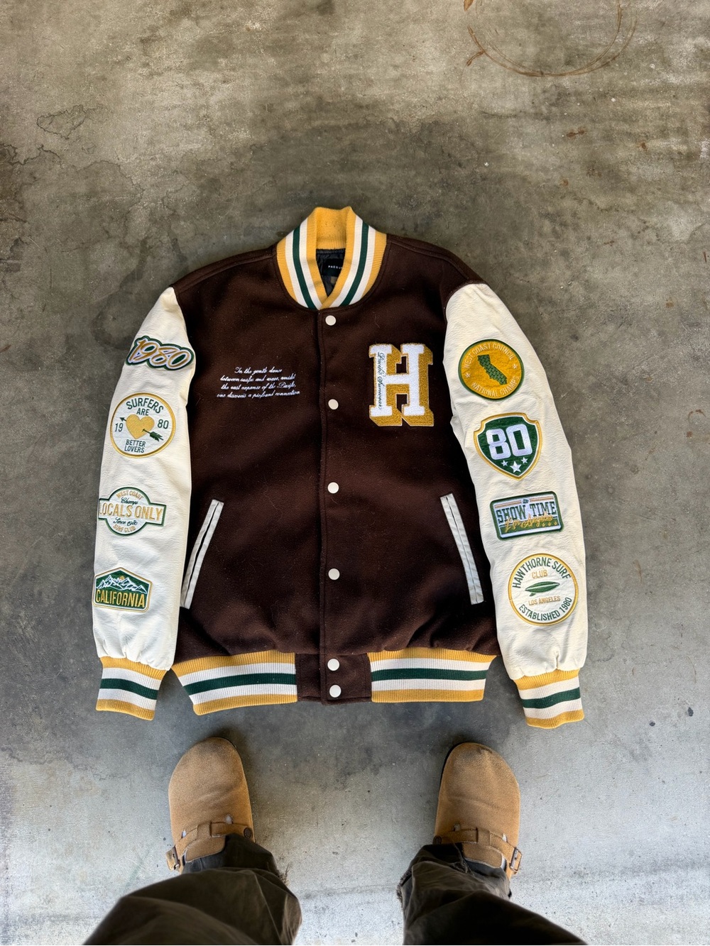 PacSun Varsity Letterman Jacket Brown Snap Front Embroidered Logo Patches Men XL